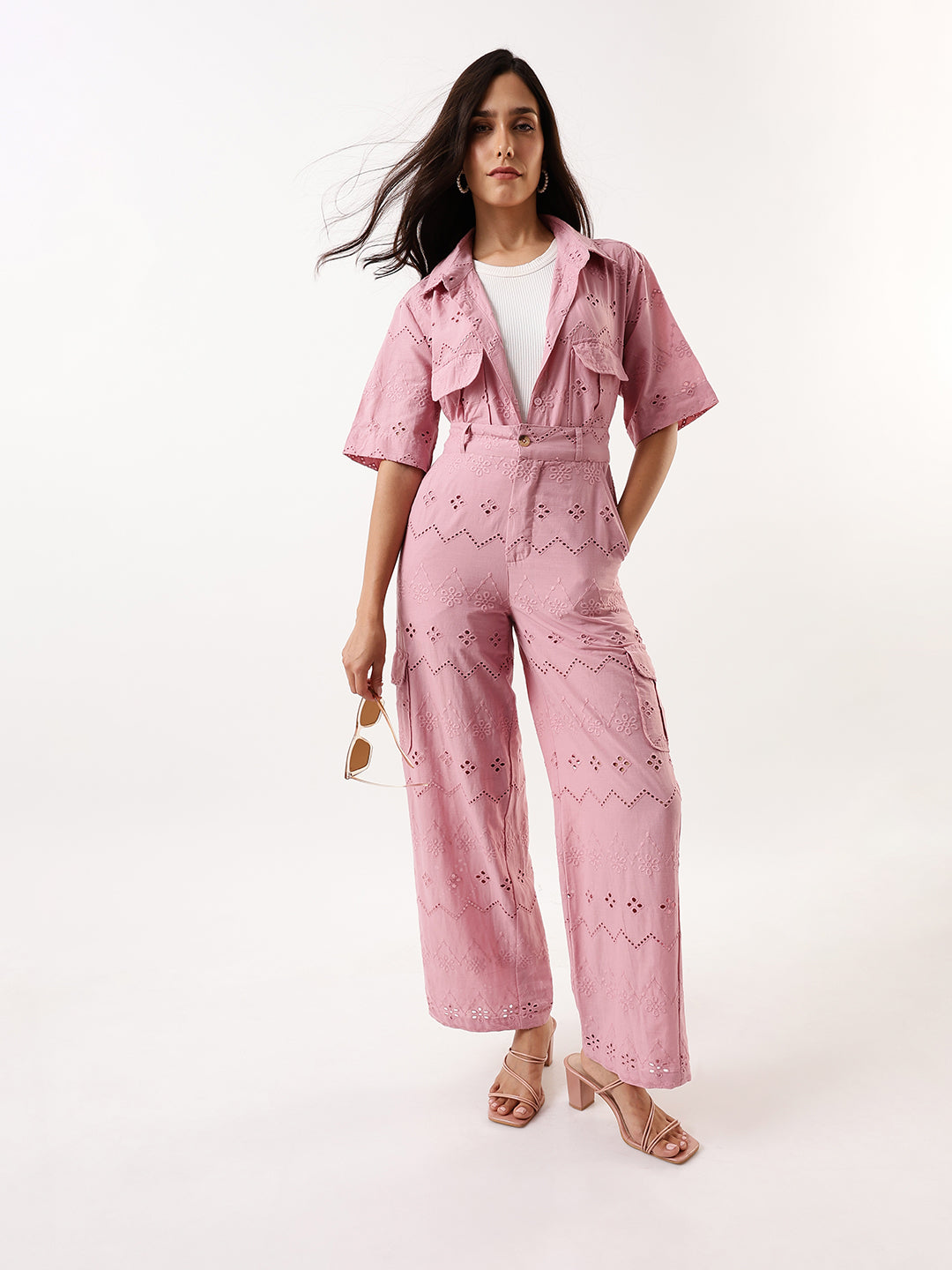 DL Woman Pink Schiffli Half Sleeves Shirt with Trousers Co-ords