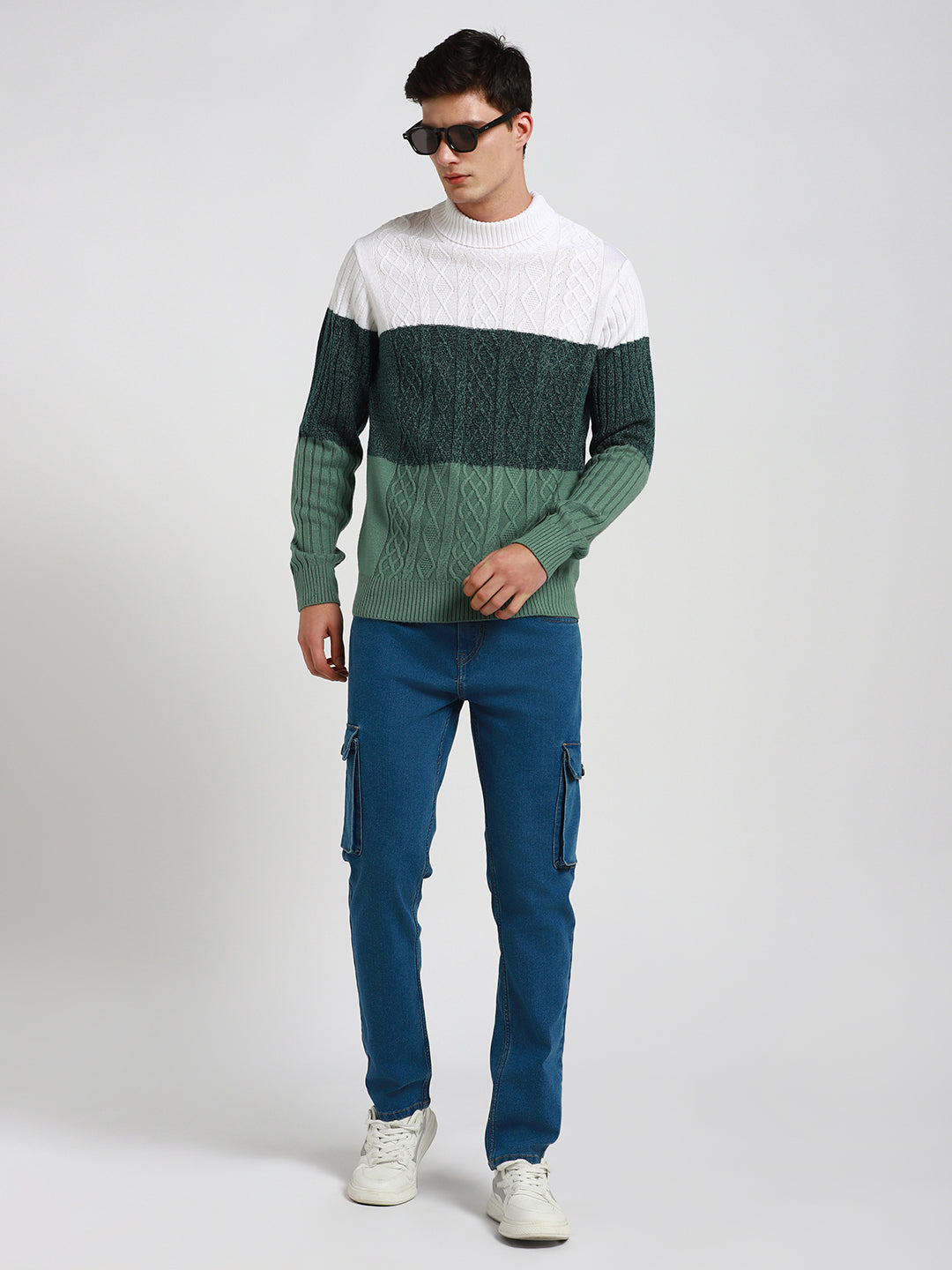 Dennis Lingo Men's Off White Colourblock  Full Sleeves Pullover Sweater