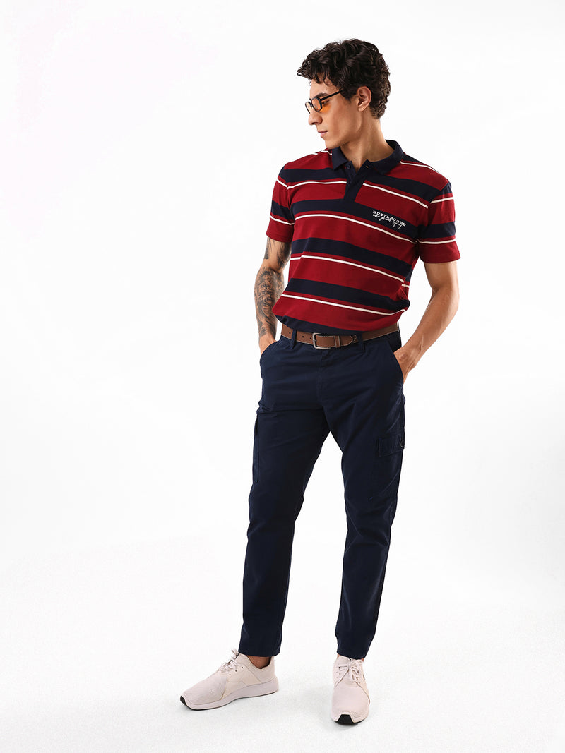 Men's Maroon Striped Polo Collar Relaxed Fit T-shirt