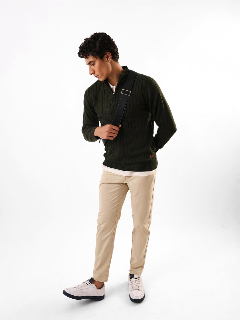 Men's Solid Cable Knit Mock Collar Front-Open Sweater