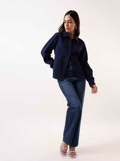 DL Woman Blue Textured Striped Spread Collar Full Sleeves Relaxed Fit Shirt