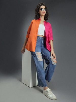 Women's Colorblocked Spread Collar Oversized Fit Shirts- High Star X Dennis Lingo