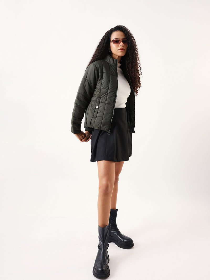 DL Woman Olive Solid Stand Collar Full sleeves Puffer Jacket