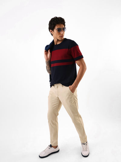 Men's Navy & Red Striped Round Neck Relaxed Fit T-shirt