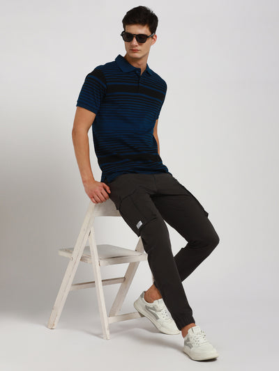 Men's Spread Collar Regular Fit Y/D Stripes Blue T-Shirt