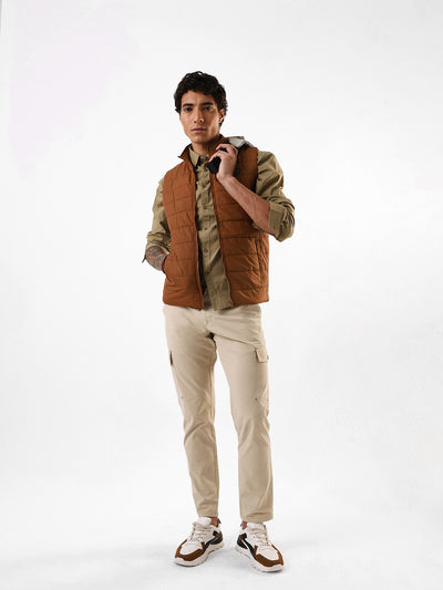 Men's Brown Solid Mock Neck Sleeveless Gilet Jacket