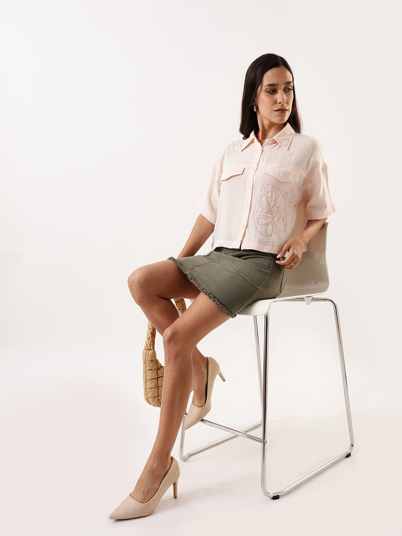 DL Woman OffWhite Embroidered Half Sleeves Spread Collar Textured Boxy Shirt