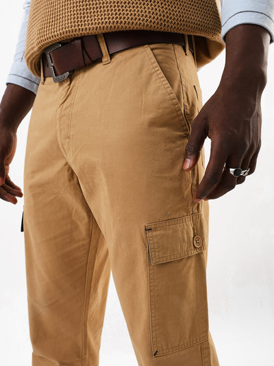 Men's Khaki Solid Slim Fit Cargo Trouser