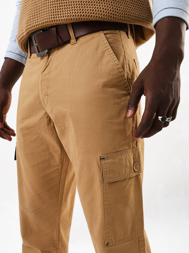 Men's Khaki Solid Slim Fit Cargo Trouser