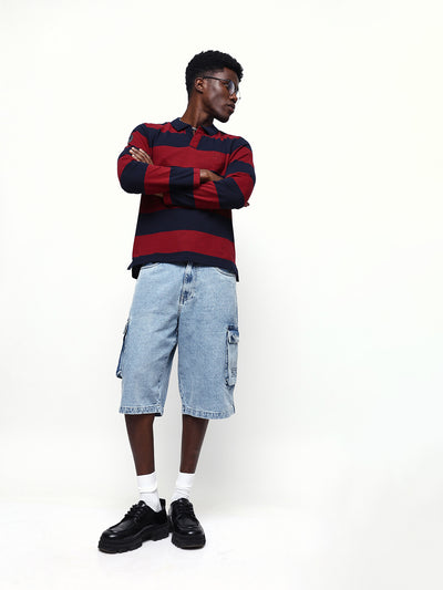 Men's Striped Polo Neck Full Sleeves Relaxed Fit T-shirt