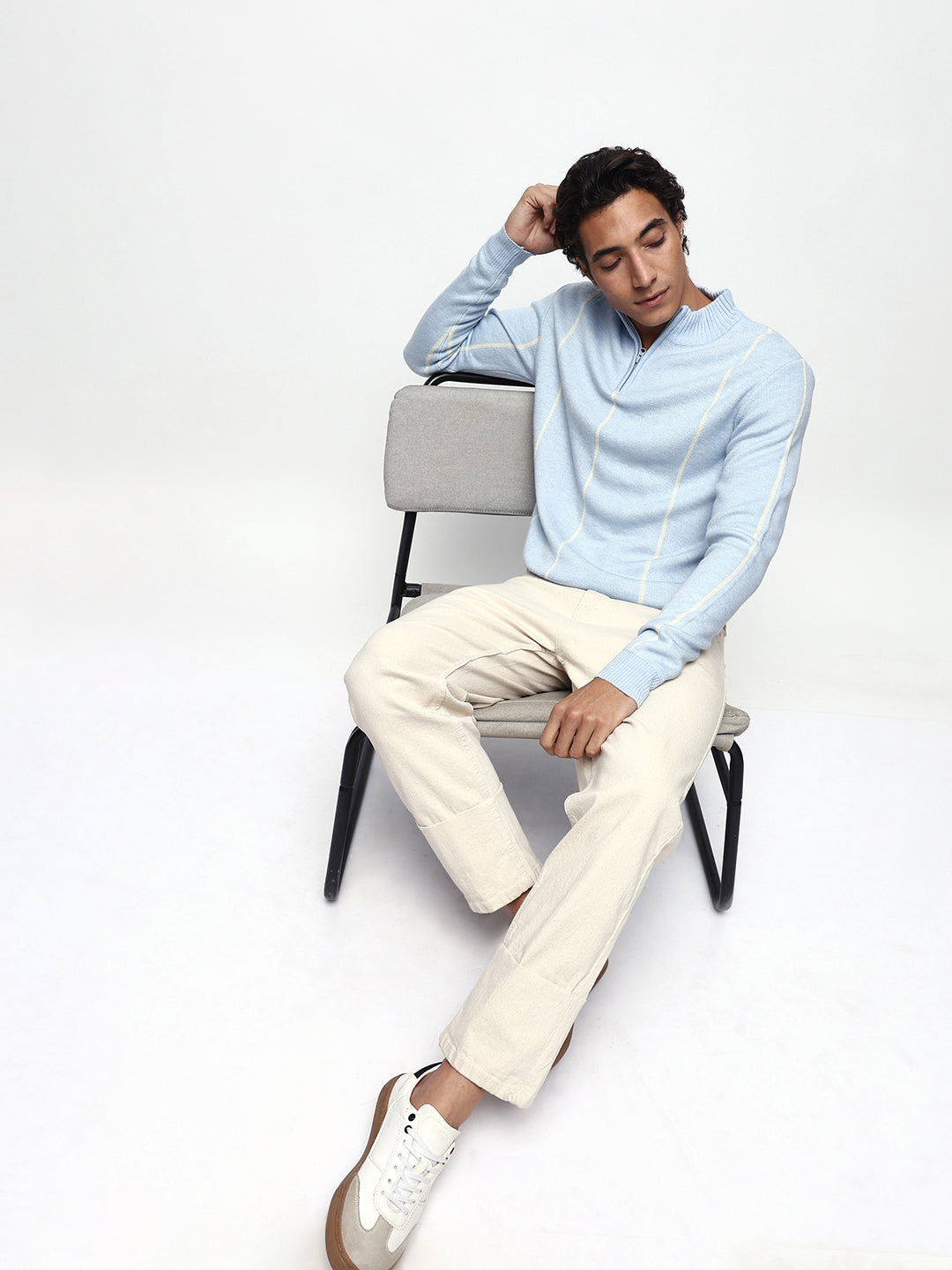 Men's Striped Mock Collar Pullover Sweater