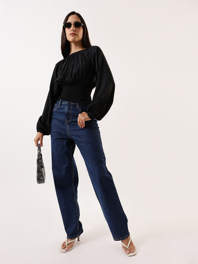 DL Woman Solid Round Neck Elasticated Top