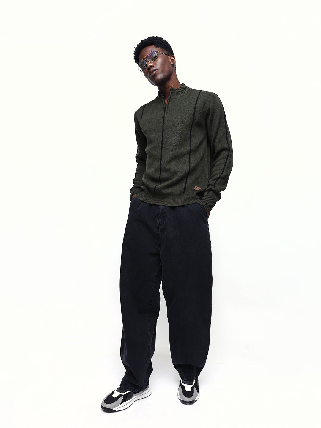 Men's Striped Mock Collar Pullover Sweater