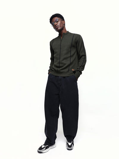 Men's Striped Mock Collar Pullover Sweater