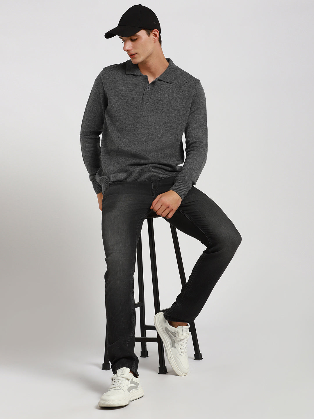 Dennis Lingo Men's Mid grey Mel Solid Collar Full Sleeves Pullover Sweater