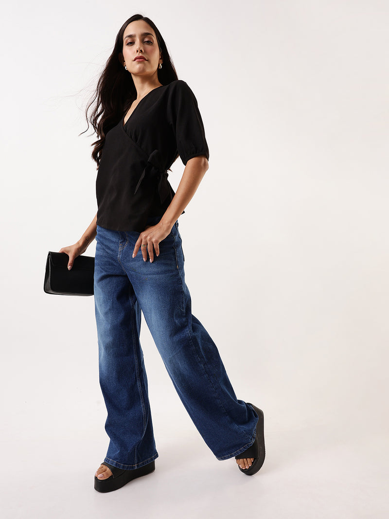 DL Woman Black Solid Textured V-Neck Half Sleeves Tie-Up Top