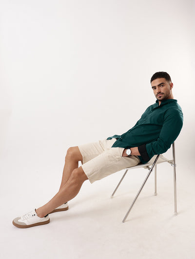 Men Bottle green Solid Mandarin Collar Full Sleeves Regular Fit Casual Shirt