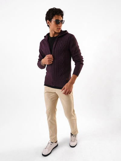 Men's Solid Cable Knit Hooded Front-Open Sweater