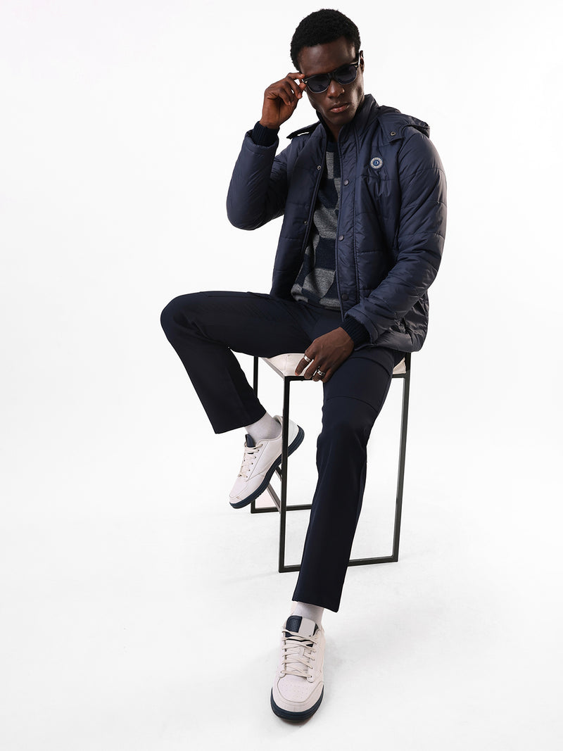 Men's Navy Solid Hooded Full Sleeves Puffer Jacket