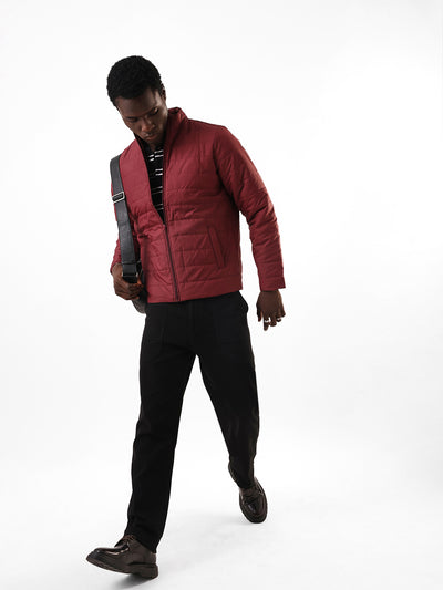 Men's Maroon Solid Mock Collar Full Sleeves Puffer Jacket