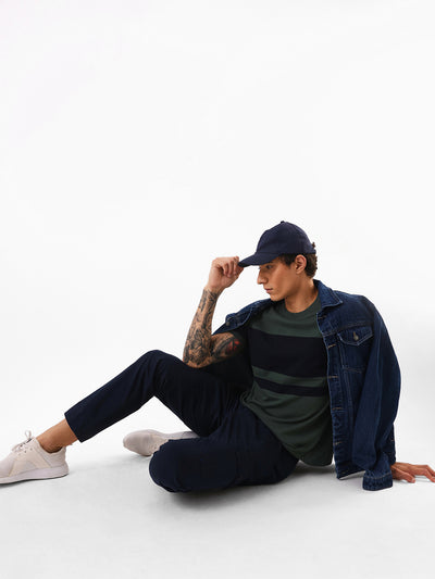 Men's Green Striped Round Neck Relaxed Fit T-shirt
