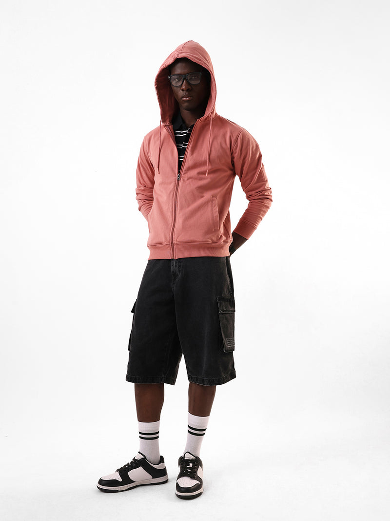 Men's Pink Solid Hooded Front-Open Fleece Sweatshirt