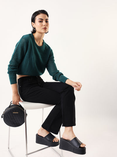 DL Woman Solid Round Neck Pointelle Knit Sweater