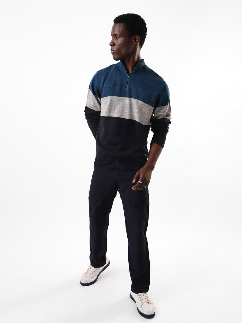 Men's Colourblocked Mock Collar Pullover Sweater