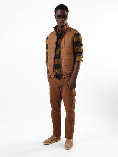 Men's Brown Solid Mock Neck Sleeveless Gilet Jacket