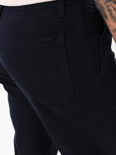 Men's Navy Solid Cotton Relaxed Fit Mid-Rise Cargo Trousers
