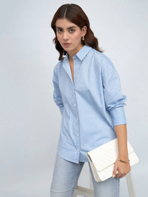 Light Blue Vertical Striped Relaxed Fit Cotton Casual Shirt