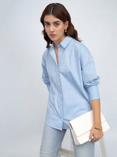DL Woman Light Blue Vertical Striped Relaxed Fit Cotton Casual Shirt
