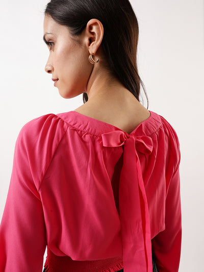 DL Woman Pink Solid Round Neck Elasticated Top