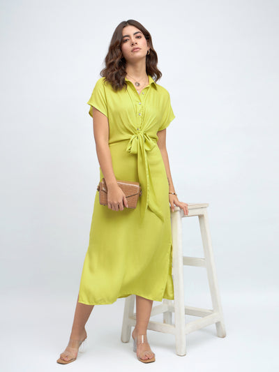 DL Woman Shirt Collar Regular Fit Solid Green Midi Tie-Up Dress