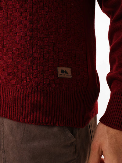 Men's Maroon Solid Self Design Mock Collar Front-Open Sweater