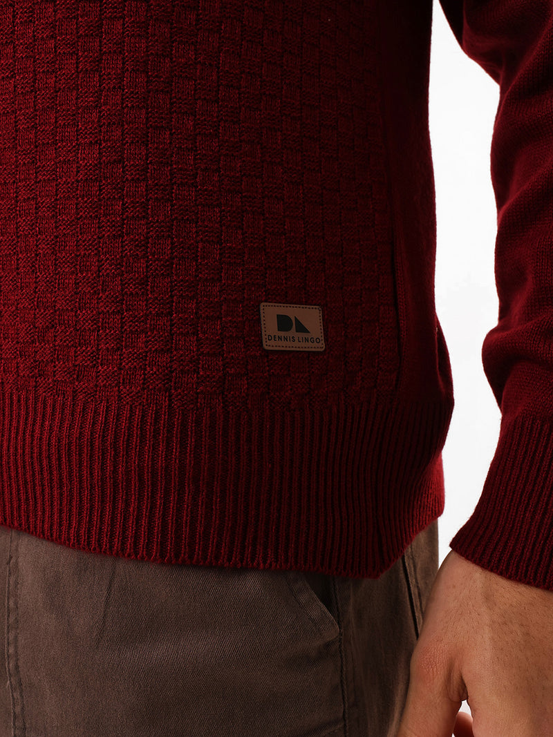 Men's Maroon Solid Self Design Mock Collar Front-Open Sweater