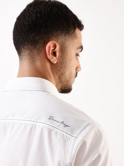 Men White Solid Spread Collar Full Sleeves Regular Fit Casual Shirt