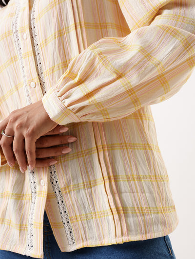 DL Woman Yellow Checks Mandarin Collar Full Sleeves Top