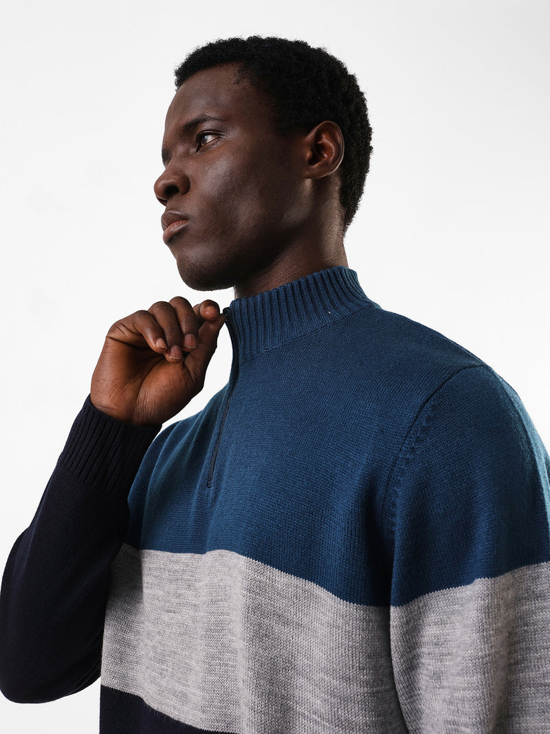 Men's Colourblocked Mock Collar Pullover Sweater