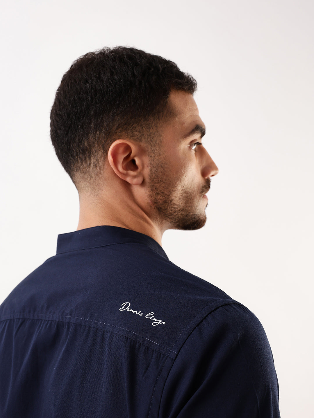 Men's Navy Solid Mandarin Collar Full Sleeves Regular Fit Casual Shirt