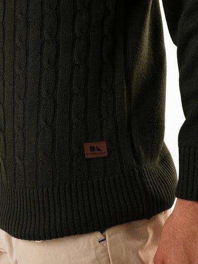 Men's Solid Cable Knit Mock Collar Front-Open Sweater