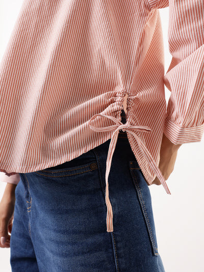 DL Woman Orange Striped Spread Collar Full Sleeves Relaxed Fit Tie-Up Shirt