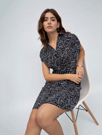 DL Woman V-Neck Regular Fit Printed Black Dress