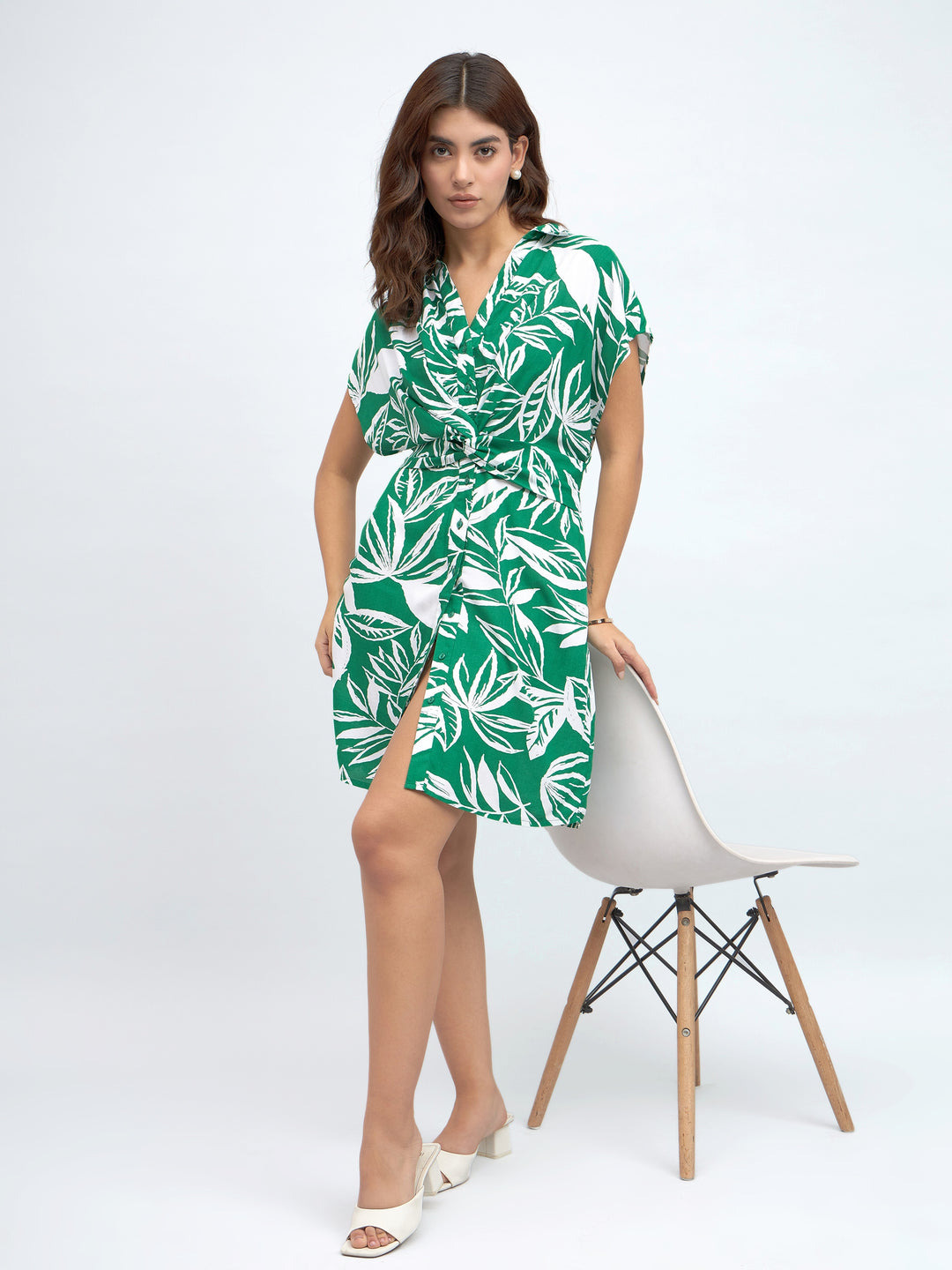 Shirt Collar Regular Fit Printed Green Dress
