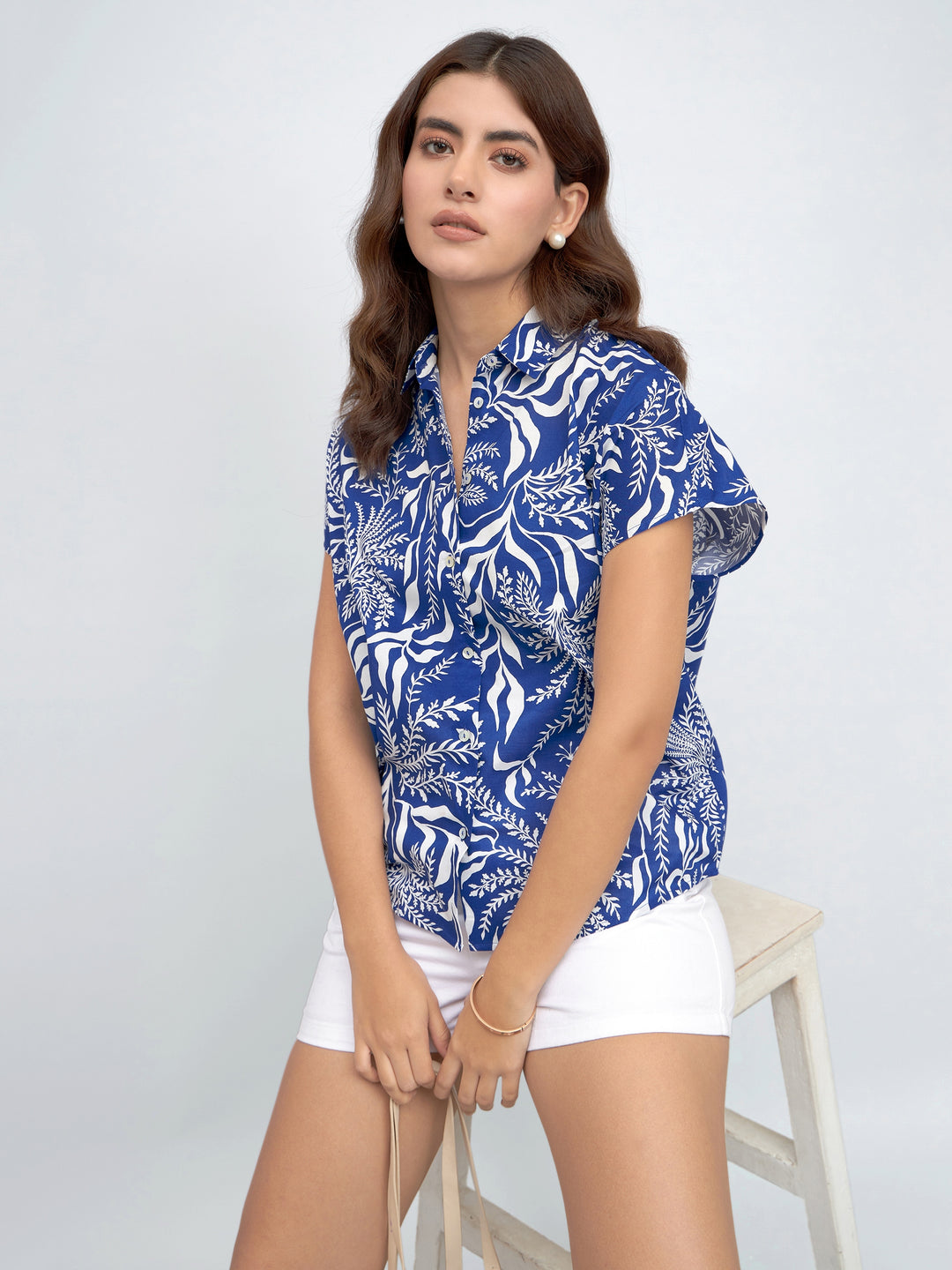 Spread Collar Regular Fit Tropical Print Blue Shirt