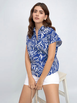 Spread Collar Regular Fit Tropical Print Blue Shirt