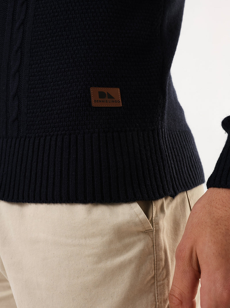 Men's Teal & Black Colourblocked Cable Knit Round Neck Pullover Sweater