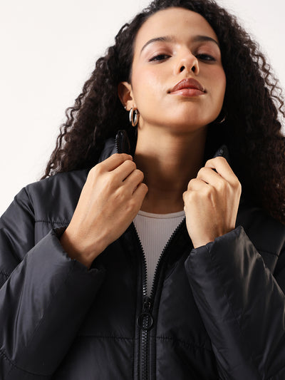 DL Woman Black Solid Mock Collar Full sleeves Puffer Jacket