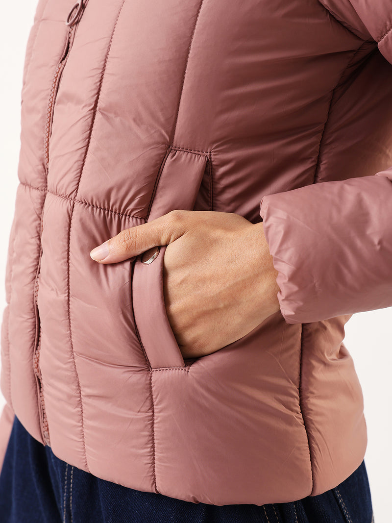 DL Woman Dusty Pink Solid Stand Collar Full sleeves Puffer Jacket
