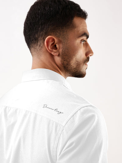 Men White Solid Spread Collar Full Sleeves Regular Fit Casual Shirt